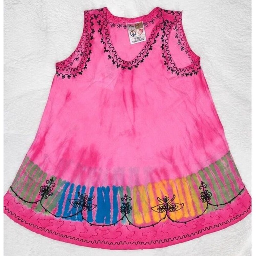 India Boutique Pink Tie Dye Boho Embroidered Sleeveless Tunic Top L NWT